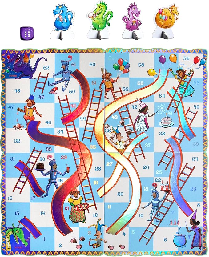 eeBoo Slips & Ladders Dragon Edition - Award Winning Classic Race Game with Holographic Foil, Screen-Free Fun for 2-4 Players, Kids Ages 5 and up