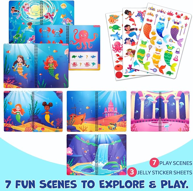 Reusable Sticker Book for Girls - Mermaid Princess Dress Up, 75 Stickers | 75 Washable Jelly Stickers, 7 Play Scenes, Mermaid Travel & Road Trip Toys, Sticker Activity Book for Toddler 1-3 & 2-4