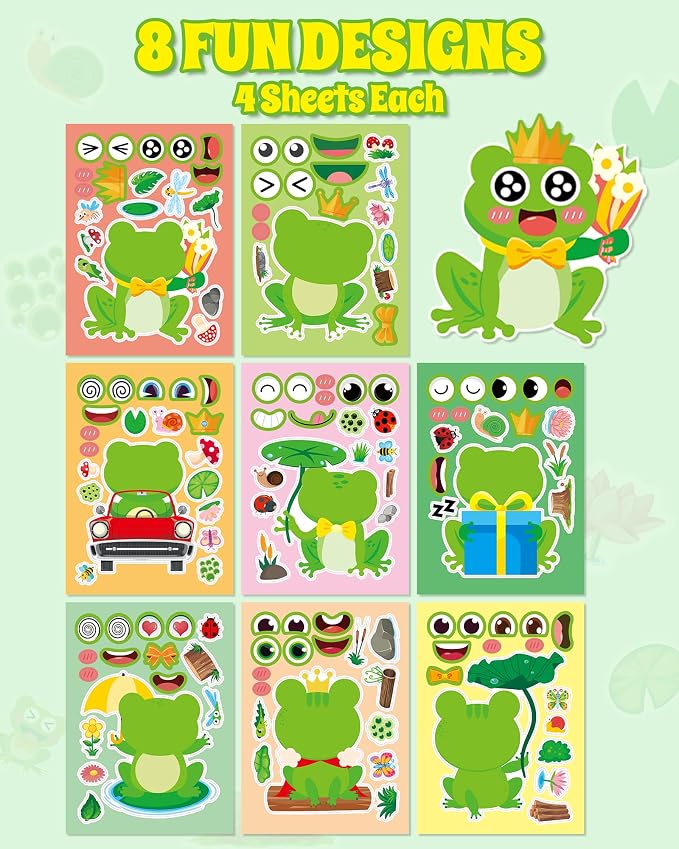 Aowplc 32 Sheets Frog Make-a-Face Stickers for Kids 8 Cute Designs Frog Craft Activities & Party Favors