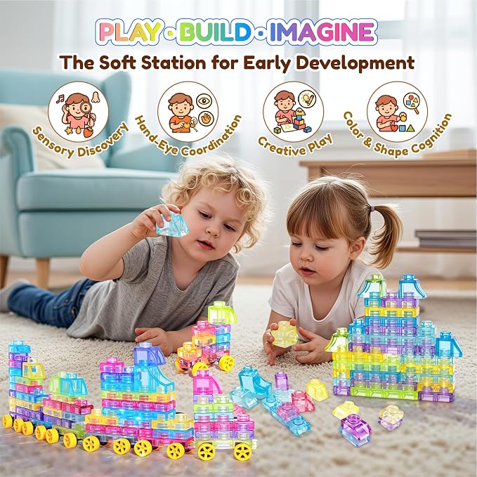 42PCS Soft Train Sensory Building Blocks with Wheels,Squishy Stacking Toy | Preschool Educational Creative Play, Montessori Squeezable, Stretchable Early Learning Construction Playset, Puzzle Blocks