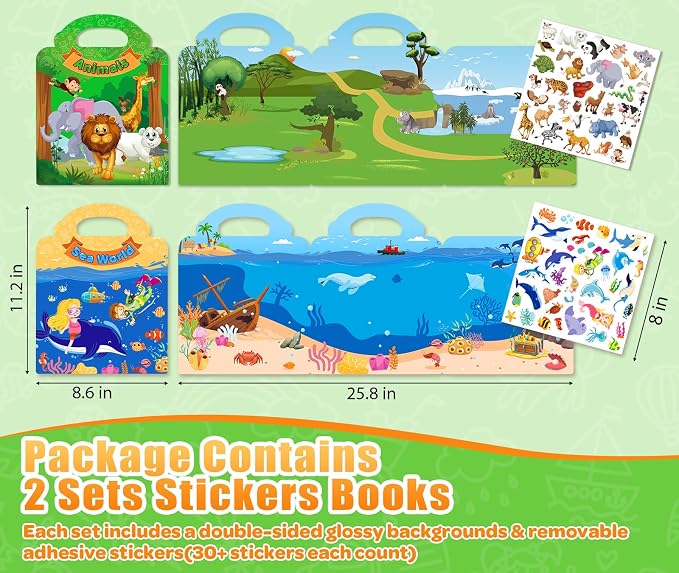 2 Sets Reusable Sticker Books for Toddler 1-3, Activity Books for Toddlers 2-4, Arts Crafts Jelly Stickers Travel Toys for Kids 3-5, Holiday and Birthday Gifts Easter Basket Stuffers for Boys Girls