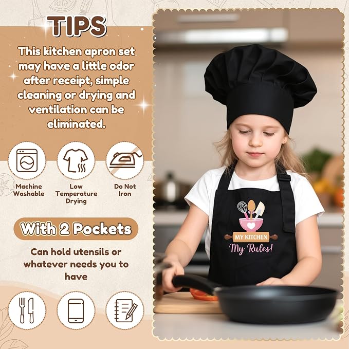 R HORSE Kid Apron and Chef Hat Set 2Pcs Adjustable Black My Kitchen Children Kitchen Apron, Dress up Role Play Chef Toy Funny Cooking Baking Painting and Training Kits for Kids Birthday Holiday Gift