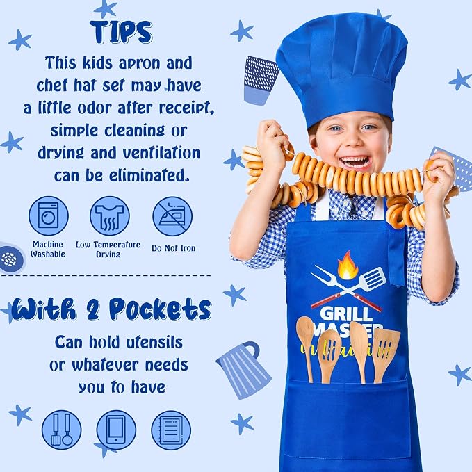 R HORSE 2 Pieces Kid Apron and Chef Hat Set, Children Role Play Chef Toy | Dark Blue Adjustable Kitchen Apron for Kid Boy, Ideal for Cooking, Baking, Painting, Training, Cooking Birthday Gift
