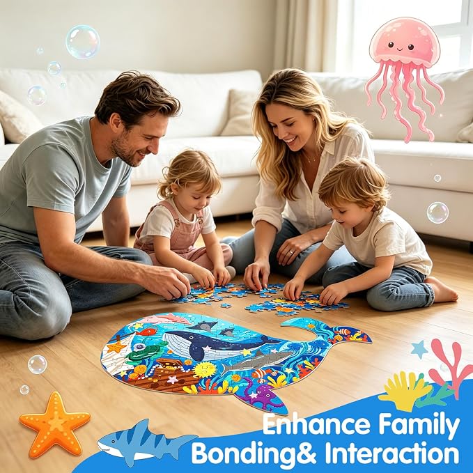 Jigsaw Puzzles for Kids Ages 4-8, 108 Pcs Whale Shaped Cardboard Puzzles | Sturdy Floor Puzzles Box and Poster for Animal Lovers, Educational Toys Gift for Boys Girls, 23.38 x 14.72 Inch