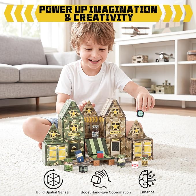 Bmag 109 PCS Military Magnetic Tiles Set, Army STEM Building Toys, Camo Printed Construction Blocks, Educational Play Gifts for Boys Girls Ages 3-12