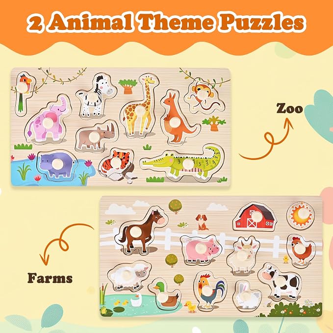 Wooden Peg Puzzles for Toddlers 1-3, 2 Pcs Montessori Puzzles, Zoo & Farm Animal Puzzles, Great Preschool Educational Learning Gifts for Girls and Boys