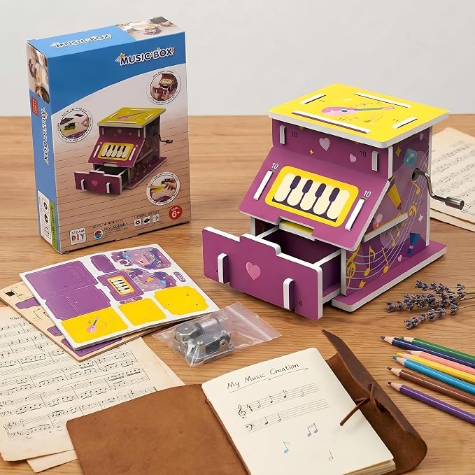 STEM DIY Music Box Kit, Build & Play, Hands-on, Ages 6+, Science Gift | Build a real music box! Discover gears & vibrations. Intro to physics. Boosts STEM skills, patience. Sweet keepsake, 6+!