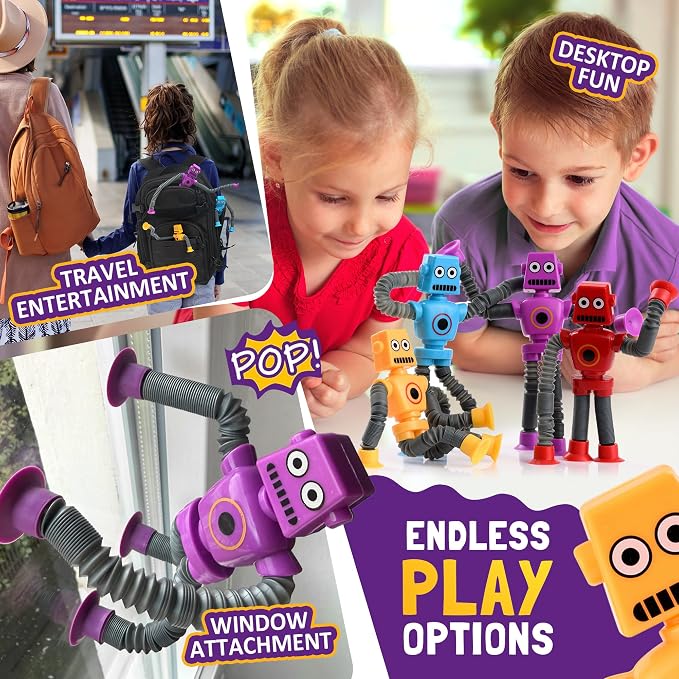 nutty toys Sensory Robot Toys 4pk - Top Pop Tubes Fidget 2026 for ADHD & Autism Ages 3 4 5 6 7 8 9 10 11 12, Best Kids Travel Idea, Unique Christmas Toddler & Tween Gift Idea & Boy Stocking Stuffers