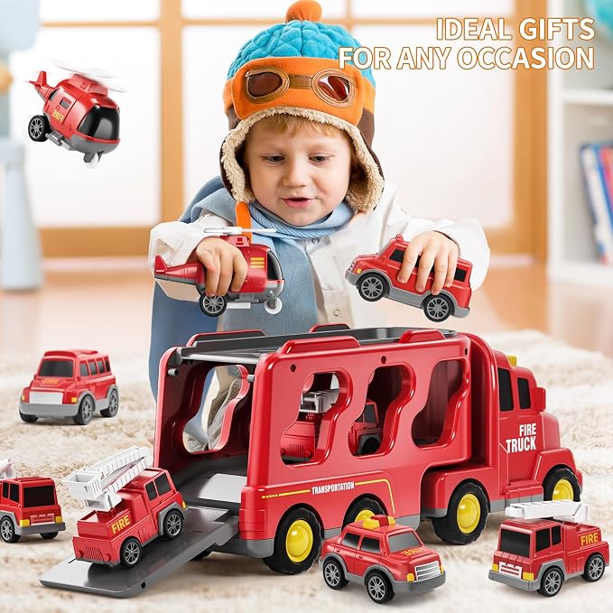 Fire Truck Toys for Toddler 3-5, Transport Car with Light Sound | 7-in-1 Fire Car Carrier Vehicle Set for Girls 3 4 5 6 Years Old, Birthdays Gifts for Kids Girls Aged 3-9