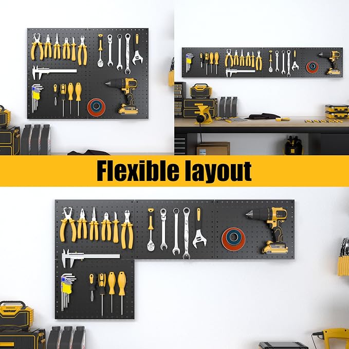 Spampur Peg Board, 4 Pack Metal Pegboard Panels Black Boards Wall Organizer | Tools Pegboard Storage System for Workbench, Garage Tool Storage, Office Organization, Wall Home, Craft Room