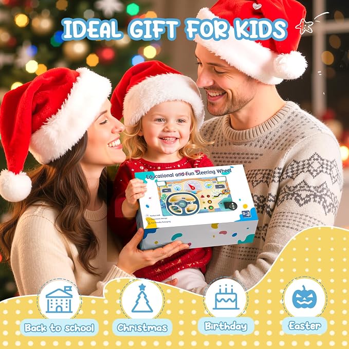 Busy Board for 1 2 3 Year Old, Montessori Toys Wooden Toddler Sensory Toy | Busy Board with LED Lights Sound Switch, Activity Travel Toy, Steering Wheel,Toddler Toy Christmas Birthday Gift for Boy Girl