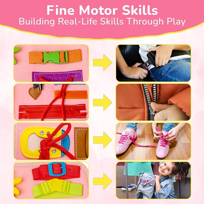 Solens Busy Book for Toddlers, Montessori Busy Board with 25+ Activities on 8 Pages and 3D Assorted Puzzles, Felt Activity Book with Numbers, Colors, Daily Life and Fine Motor Learning, Pink (Pink)