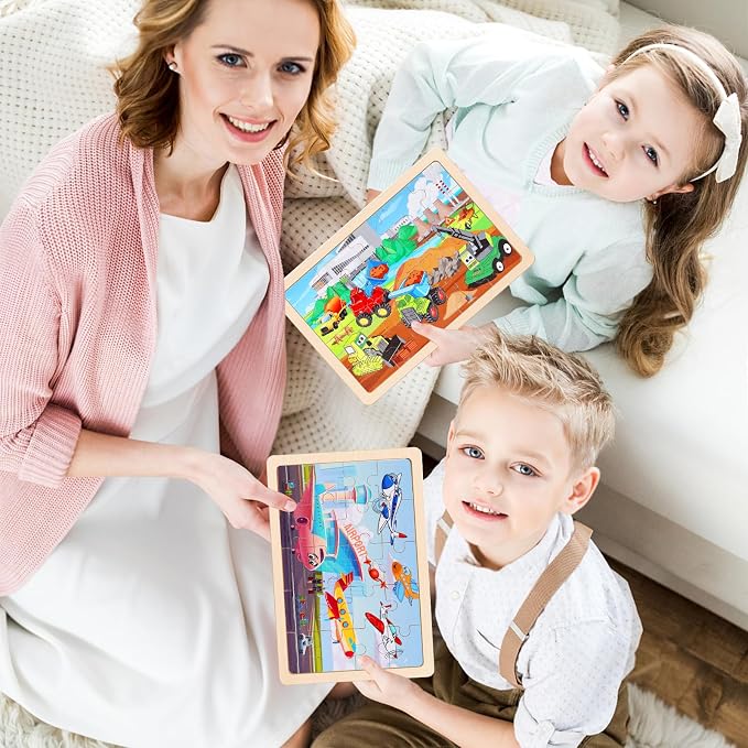 Wooden Educational Jigsaw Puzzles for Preschool Kids Ages 3-5, 4-Pack with 20 Pieces Transportation Wood Jigsaw Puzzles Set, Preschool Gifts for Boys Girls Ages 3 4 5 6