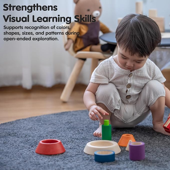 PlanToys® Cone Sorting Wooden Toy Set for Kids Ages 3+ Montessori Activity | cone sorting set, montessori colour size recognition, fine motor skill logic focus, ages 3+ educational wooden toy, preschool