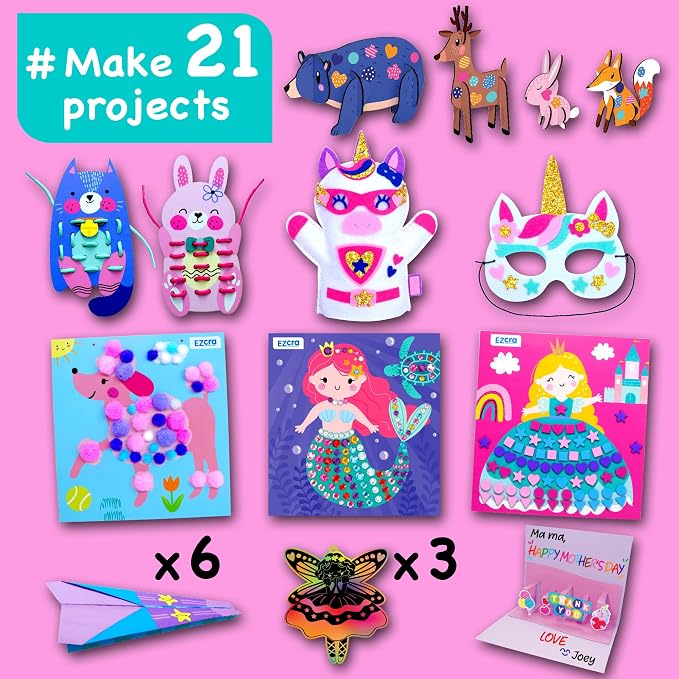 EZCRA Unicorn Craft Box for Kids Ages 4-8 – 21 Projects in 1 | Unicorn Craft Kit for Girls. 21 Craft Projects included. Mess-Free Activity Kit. Birthday Gift for Girls.