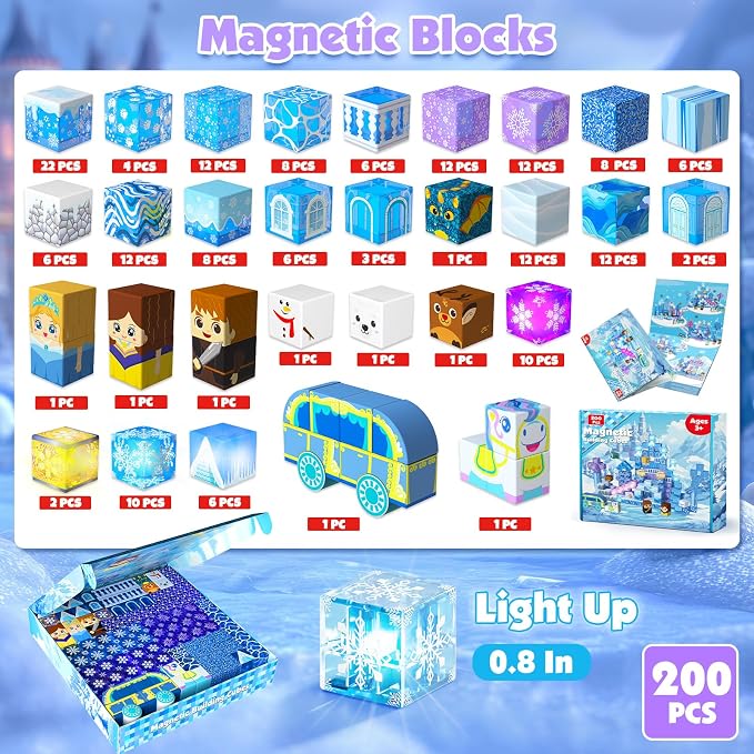 200 PCS Light Up Magnetic Blocks, Transparent Magnetic Building Block for Blue Snow Princess Castle, Frozen Magnet Cubes STEM Toys for Girls Age 3 4 5 6 7 8 9 10 11 12 13 Birthdays Gift for Kids