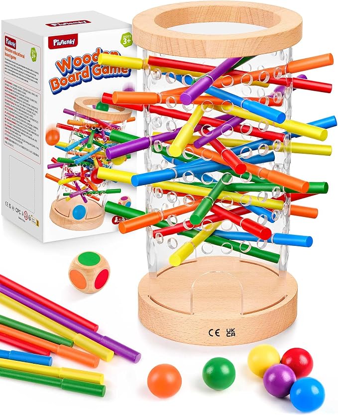 Wooden Board Games for Kids 3-8 Montessori Toys Fine Motor Skills Toy Dice | 42 Non-slip Sticks, 3-Min Quick Setup, Clear Interior View, Wooden Stick Game Color Matching, CPC-Certified, Ages 4–6 Gift