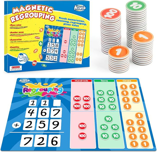 Aizweb Magnetic Regrouping Base Ten Place Value Chart,Addition and Subtraction Math Manipulatives,Dry Erase Board for 1st 2nd 3rd Grade Classroom Must Haves,Hands On Regrouping Math Games for Kids