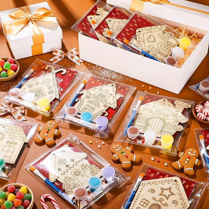Saypacck 24 Pcs Gingerbread House Party Favors Wooden Paint Craft Kits | 8 Christmas Gingerbread House Crafts, Paintbrush Organza Bags, Christmas Stocking Stuffer Gifts