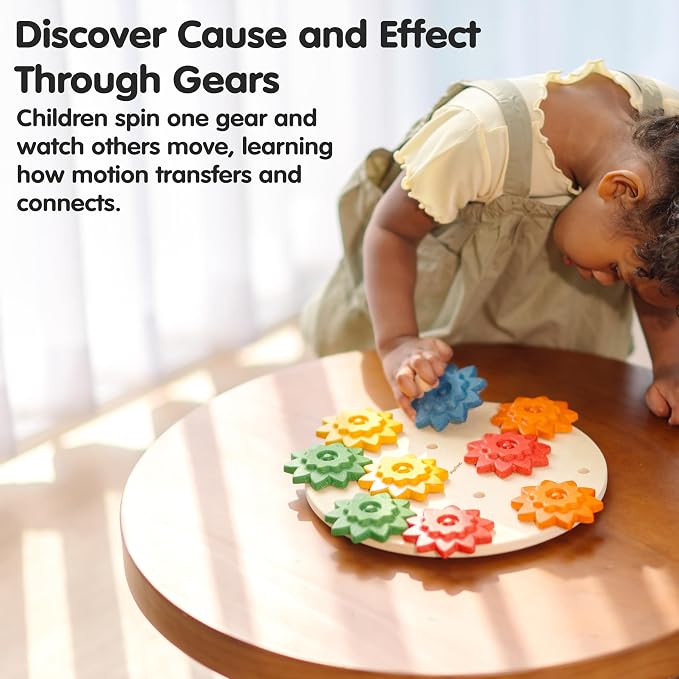 PlanToys® Wooden Spinning Gears Playset Montessori Construction Kids STEM | rotating gears, cause and effect toys, montessori toys, girls, boys, mechanical logical problem solving learning gift set