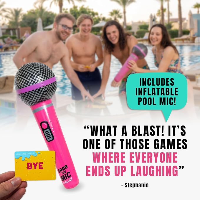 Grab The Mic: Poolside, Waterproof Karaoke Game for Family Pool Days | 100 Waterproof Cards, Inflatable Microphone. Perfect For Pool Parties, Beach Trips And Vacations.