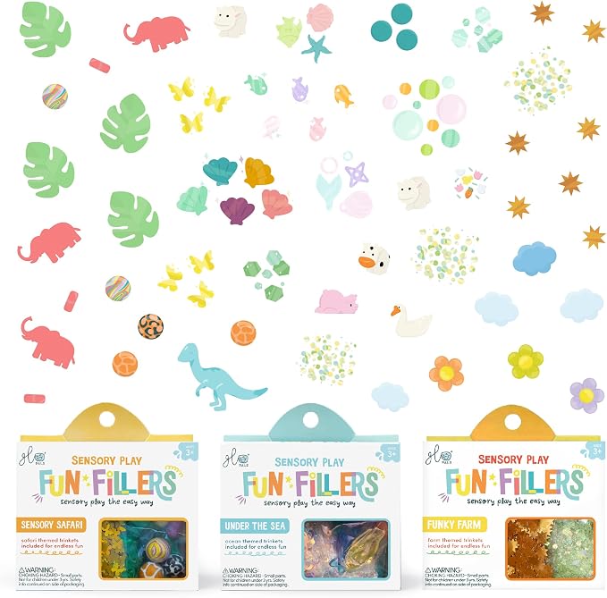 Glo Pals Fun Fillers, Sensory & Mini Toys for Kids, Zoo Crew, 3 Pack | Reusable Sensory Fillers For Slime, Jars, Bins and Dough, Sparks Imagination for Toddler and Kids