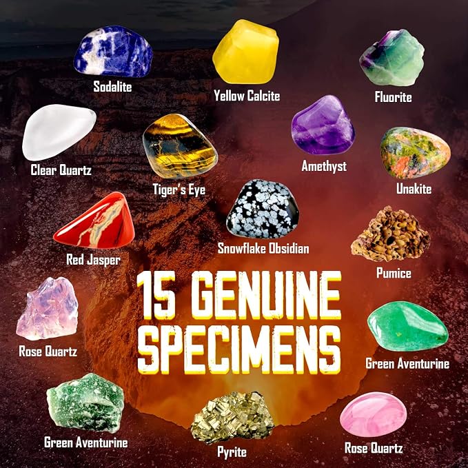 Rock Collection Box, 15 Real Gems & Crystals, STEM Kit 6-12 | Genuine GEmstones Specimens with ID Sheet & Guide, Magnifier for Close-Up Study, Perfect for Home & Classroom Learning
