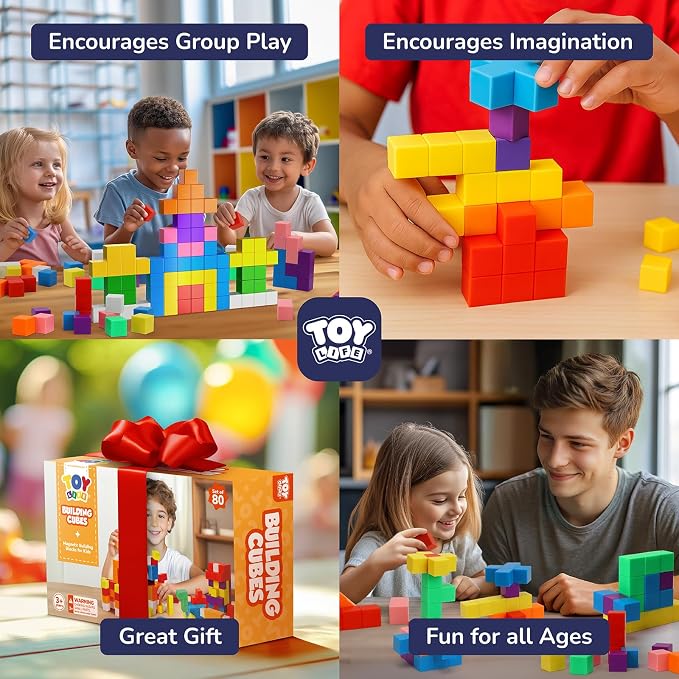 TOY Life Primary Magnetic Blocks, 80-Piece STEM Set, Ages 3-8 | bright ABS cubes, storage bag and idea guide, strong connections, creative play