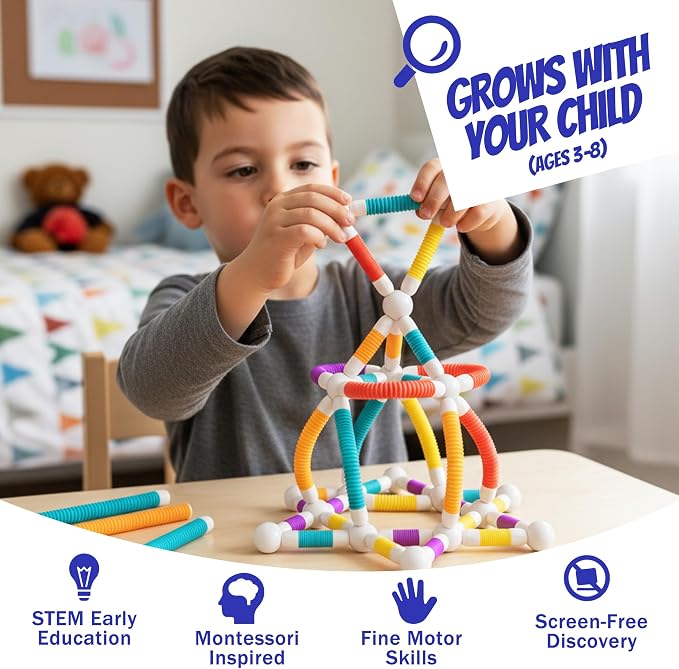 Flexible Magnetic Tubes for Kids, 66 PCS STEM Learning Builder Set | Flexible Magnetic Building Sticks, Build Snap & Shape Creative Structures, Sensory Learning Gift for Kids