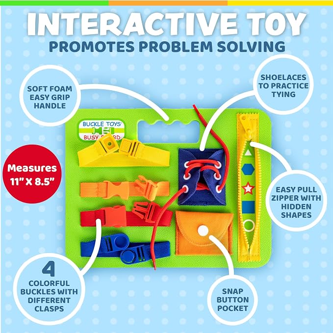 Buckle Toys, Busy Board, Green, Montessori Learning Toy for Toddlers | Great for kids as an Airplane Activity or on The Go, Foam Sensory Board, Develop Fine Motor Skills