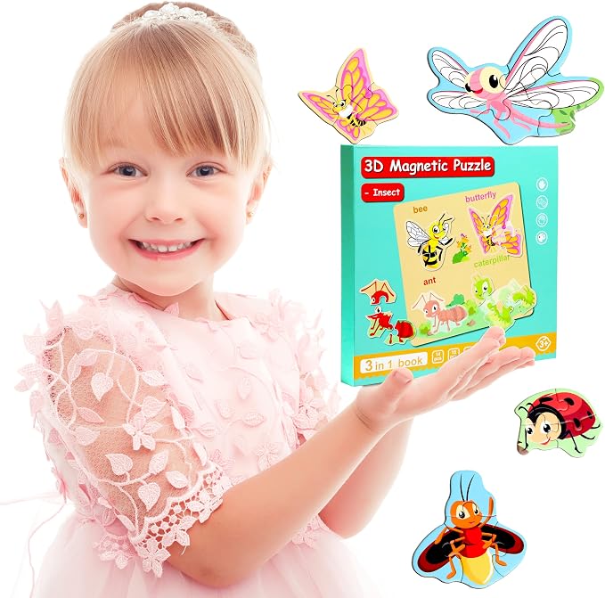 Magnetic Puzzles for Kids Ages 3-5, Travel Toddler Insect Puzzle Toy | Refrigerator Magnet Game for Ages 4-6, Learning & Birthday Gift for Boys, Car & Airplane Road Trip Quiet-Time Activity Toys
