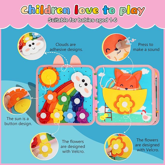 Bunny Montessori Busy Book for Toddlers 1-3 - Soft Felt Hand-Stitched Sensory Board Quiet Toy for 1 2 3 Year Old Toddler Boy Girl - Travel Essentials Educational Activity Toys Birthday Easter Gifts