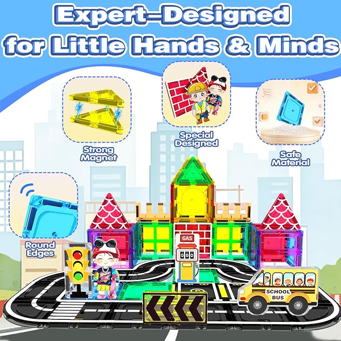 Magnetic Tiles Road Set 100Pcs- Magnetic Building Blocks for Kids Ages 3-5 and 4-8, Preschool STEM Sensory Toys for Kids 3-5, Educational Construction Gift for Boys & Girls Birthday Christmas