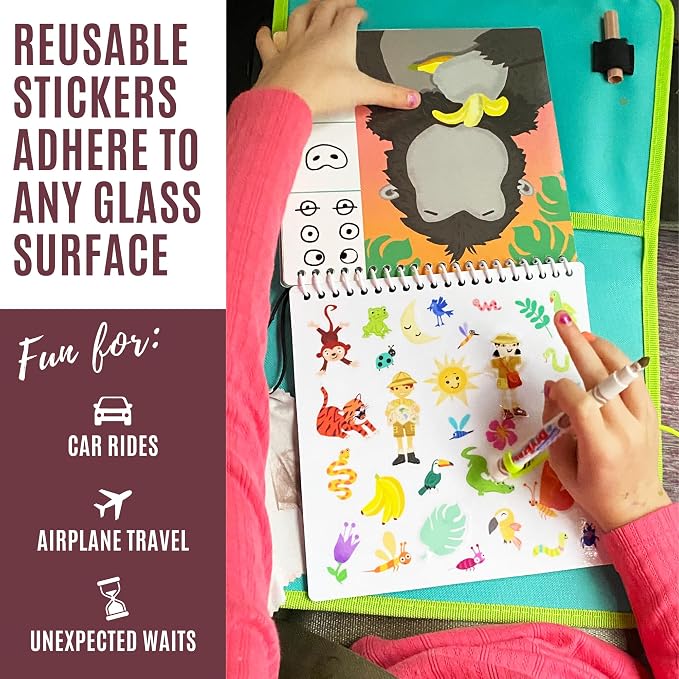 Totebook Kids Travel Activity Kit with Tethered Dry Erase Markers - Mess Free Car & Plane Activities for Toddlers Ages 4-6, Reusable Stickers, Mazes, Search and Find (Jungle Theme)
