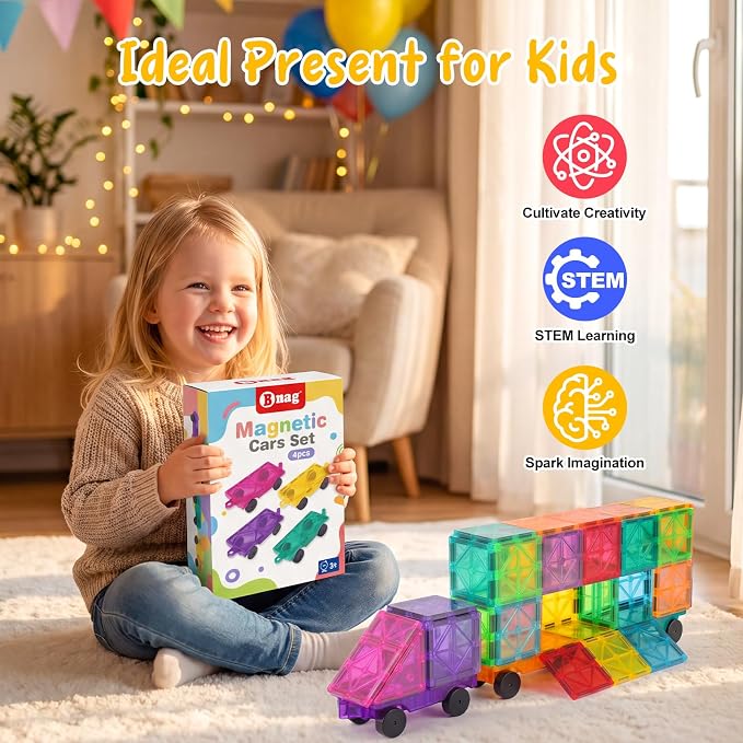 Bmag 4 PCS Magnetic Tiles Car Base Accessories, Compatible with Most Standard Magnetic Building Tiles, Sealed Magnet Car Bases, STEM Building Expansion Kit for Kids Aged 3+