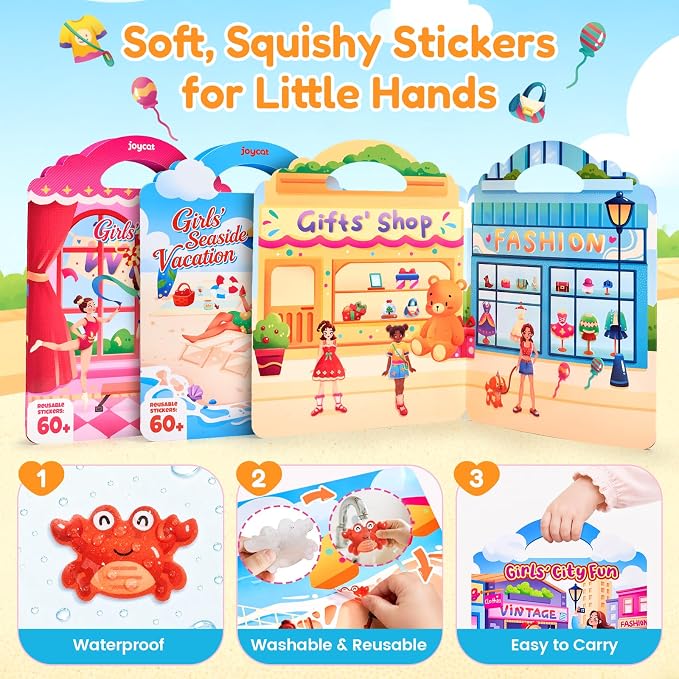 JoyCat Reusable Dress Up Sticker Books, 3-Pack, City Seaside Dreams | 180+ washable stickers, kids car activities, toddler activity, preschool road trip toy, birthday gift for girls ages 3-5