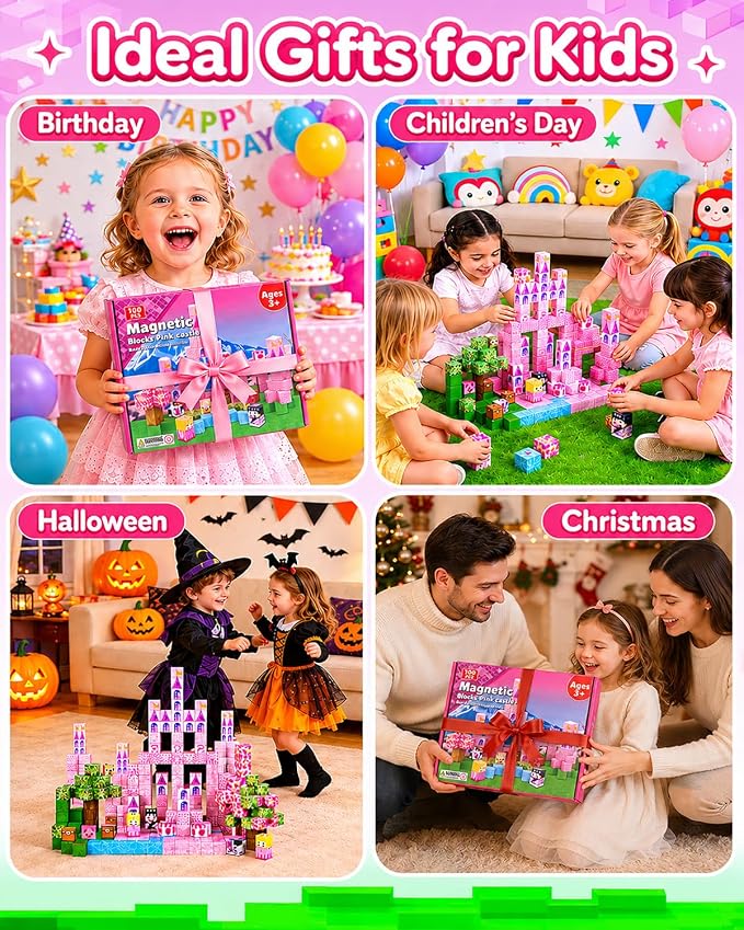 100PCS Princess Castle Magnetic Blocks for Girls, STEM Sensory Building Toys, 3D Magnetic Construction Set for Kids Ages 3-8, Birthday