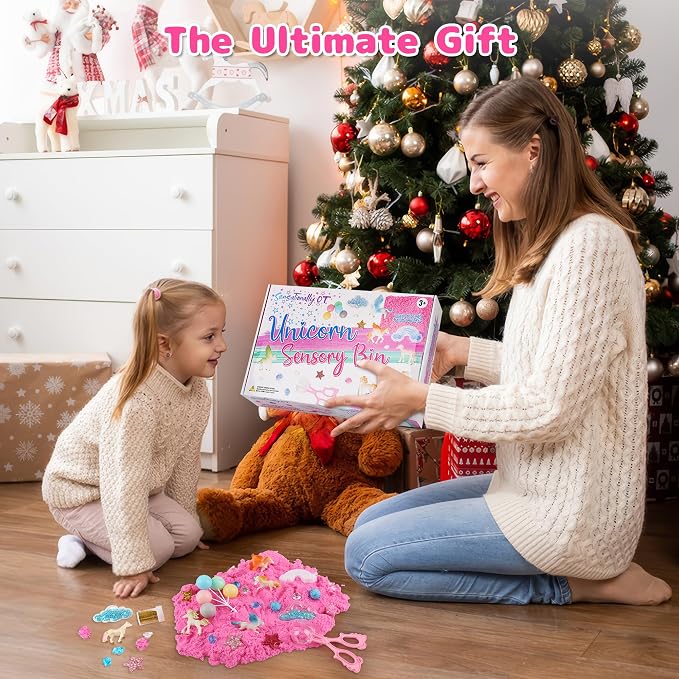 Unicorn Sensory Sand Bin-38 PCS Set with 2 lb Magic Sand, Sensory Bin for Toddlers & Scooper-Count Sparkly Pom-Poms, Bring Unicorns to Life - Ideal Gift for Kids | 38 piece toddler sensory bin kit with magic play sand, scoopers, and sparkly pom-poms. I...