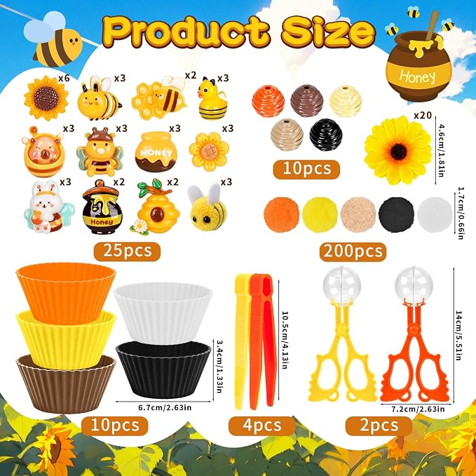 282PCS Bee Sensory Bin Filler Spring Summer Bee Fine Motor Sensory Bin Items Includes Pom Poms Sunflower Bee Honeycomb Resin for Counting Sorting Training