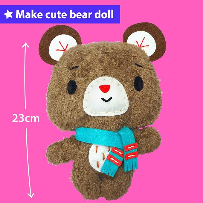KRAFUN Teddy Bear Sewing Kit for Kids Ages 8-12 - No Scissors | Pre-cut & pre-punched felt, no glue needed. Child-safe needle. Sew your own teddy. Beginner craft gift for girls & boys