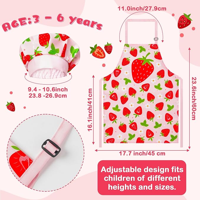 R HORSE 2 Piece Kid Apron and Chef Hat Set, Children Role Play Chef Toy | Strawberry Adjustable Kitchen Toddler Apron for Girls, Cooking Birthday Gift for Kid, Ideal for Cooking, Baking, Painting