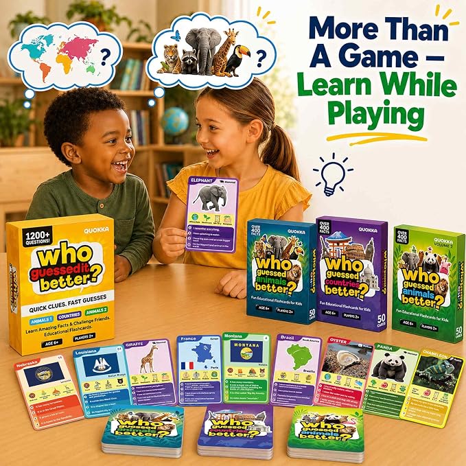 Quokka Who Guess It Better Game Set – Animals & Countries Educational Game with Visual Clues, 3 Card Sets Bundle, Screen-Free Travel Games for Kids Ages 6+