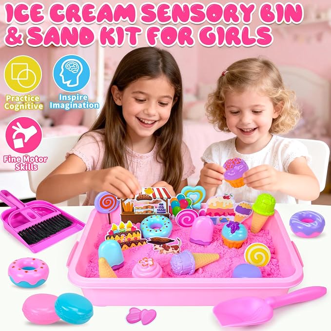 Ice Cream Sensory Bins, Play Sand Kit Sandbox Sand Toys for Kids Ages 3 4-8 | Sand Toys Set with Magic Sand, Ice Cream Toys Molds and Cleaning Tools Sandbox with Lid Sand Art Kits for Kids Birthday Gift