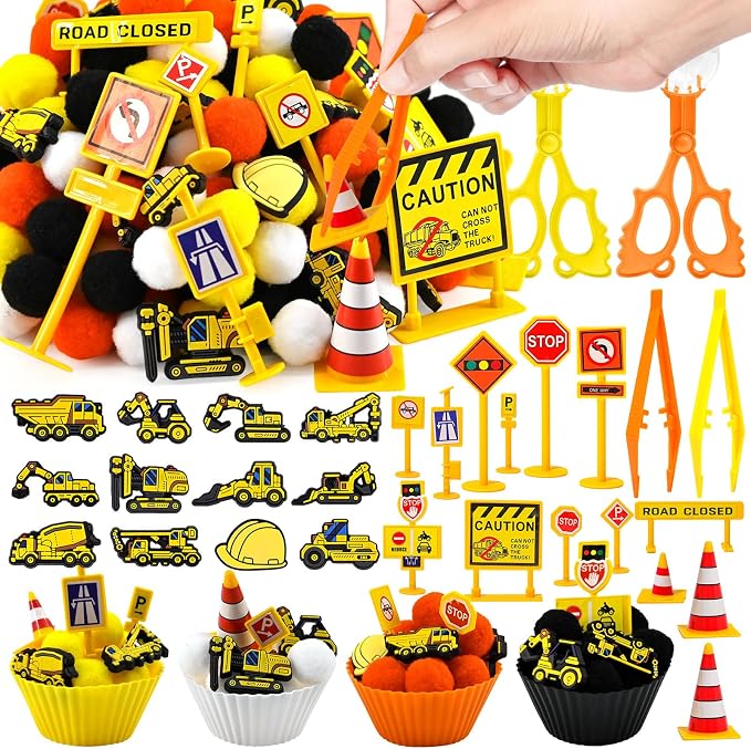 150 Pcs Construction Sensory Bin Items Construction Counting Sorting Sensory Bin Filler Fine Motor Vehicles Road Signs Counts for Easter Spring Summer Sorting Counti