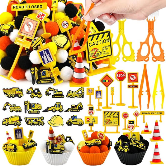 150 Pcs Construction Sensory Bin Items Construction Counting Sorting Sensory Bin Filler Fine Motor Vehicles Road Signs Counts for Easter Spring Summer Sorting Counti