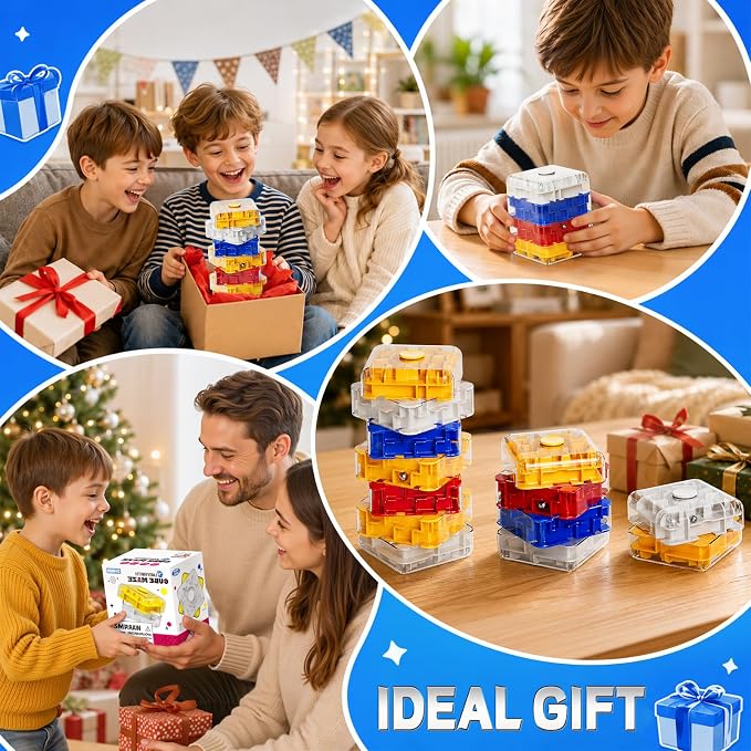 3D Maze Cube Ball Puzzle Brain Teaser for Adults & Kids, Educational Learning Toys Logical Thinking, Family Board Games Tabletop, Durable Puzzle Cube (White&Blue&Red&Yelllow, 2.4x2.4x3.2)