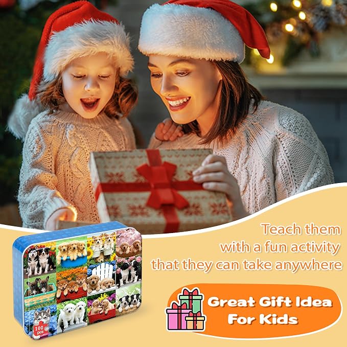 LELEMON Puzzles for Kids Ages 4-6,Cute Dogs 100 Piece Puzzles for Kids Ages 6-8 in a Metal Box,Educational Jigsaw Puzzles,Childrens 100 Piece Puzzle Games Puzzle Toys for Girls and Boys