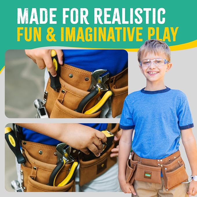 Kids Brown Tool Belt, Adjustable Tool Belt for Toddlers and Kids | Dress-Up Construction Costume for DIY Woodworking and STEM Learning
