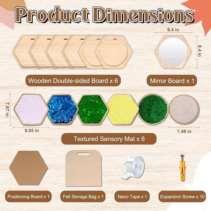 13-Piece Wooden Sensory Wall Panel Set with Double-Sided Activities,Hexagon | Double-Sided Tactile Boards with Interchangeable Texture Pads,Fine Motor & Finger Tracing Paths