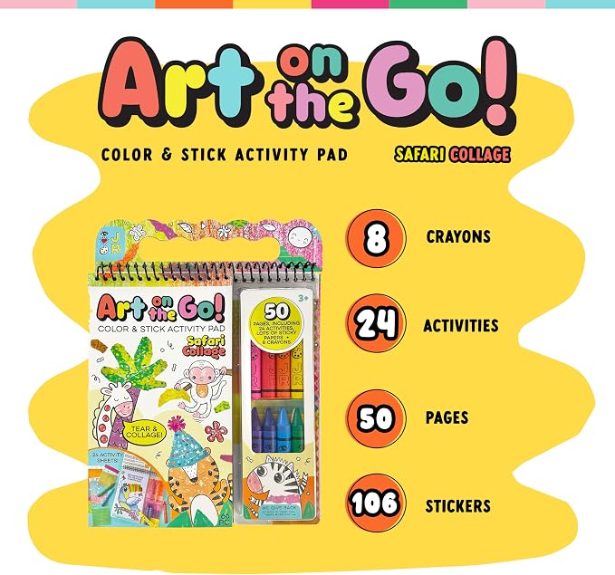 Bright Stripes Art on the Go Collage Fun Jungle Theme Travel Kit, Ages 3+ | Mess-free tear-and-paste play with crayons, stickers, picture book, portable design fits toddlers and preschool age well